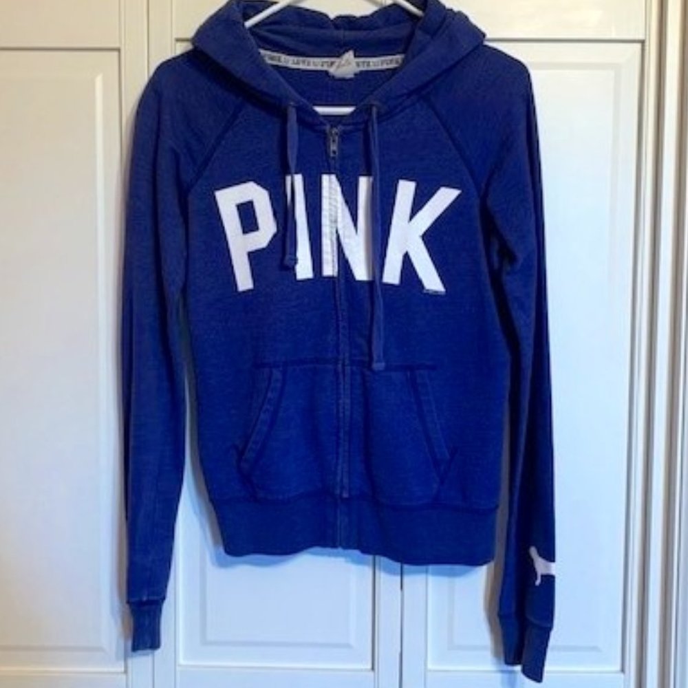 Victoria's Secret Pink zip up hoodie. Blue with white print.